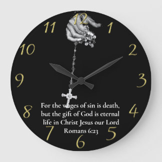 Romans 6:23 hand holding cross  gold large clock
