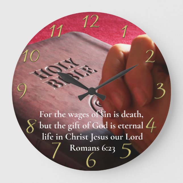 Romans 6:23 holy bible with hands  gold large clock (Front)