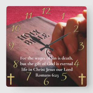 Romans 6:23 holy bible with hands square wall clock