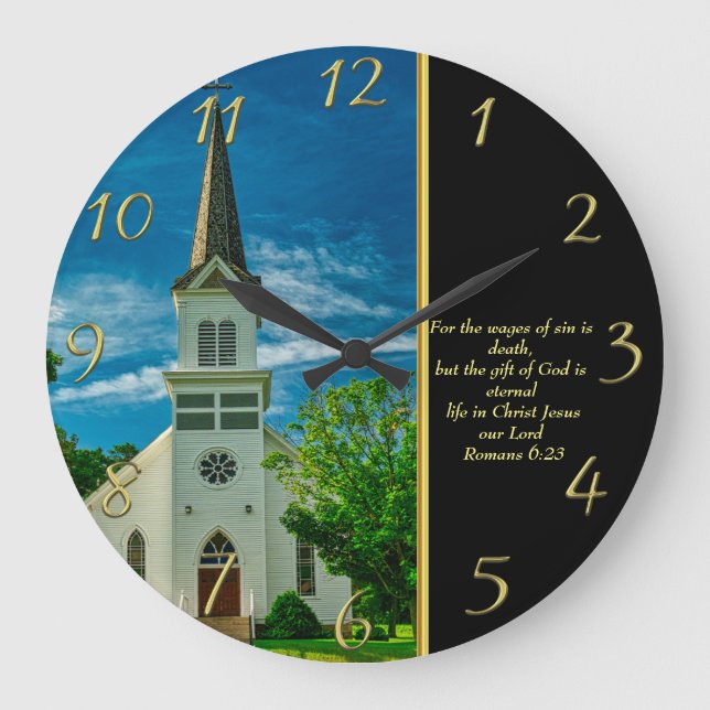 Romans 6:23  White Church  gold Large Clock (Front)