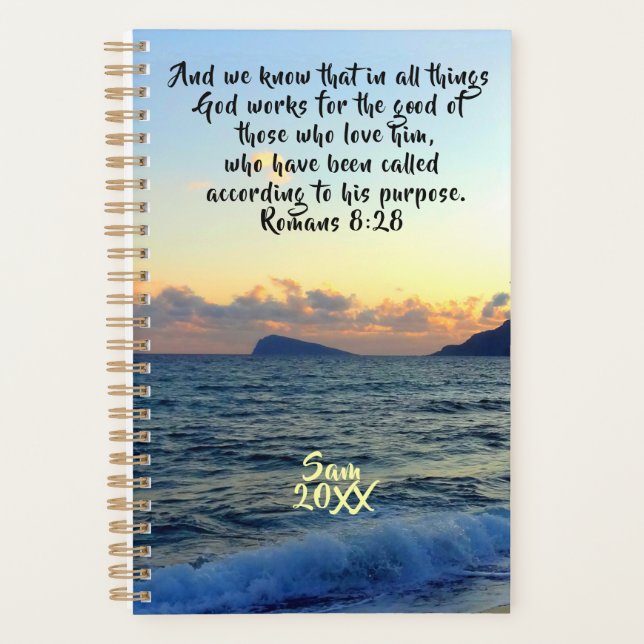 Romans 8:28 Beach Sunset Custom Christian Planner (Front)