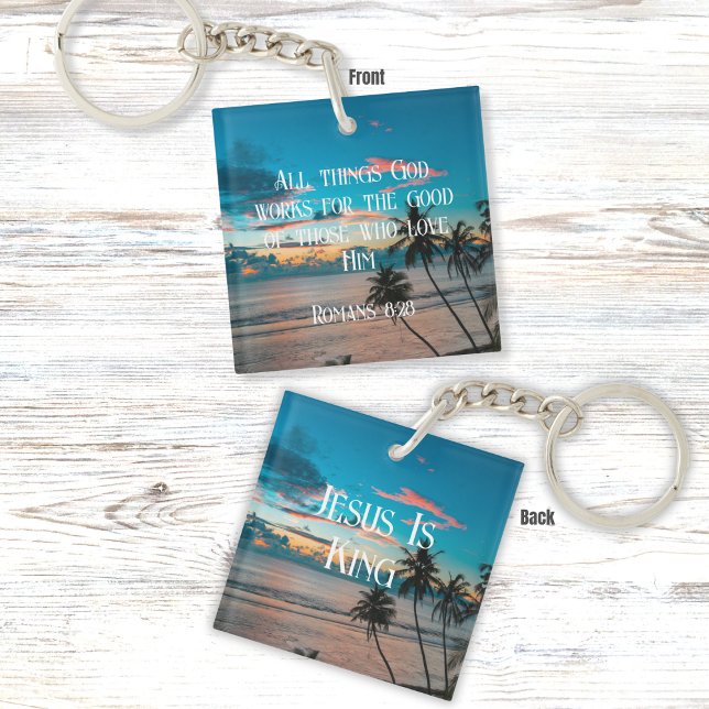 Romans 8:28 Bible Verse w/ Tropical Beach Sunset Key Ring (Creator Uploaded)