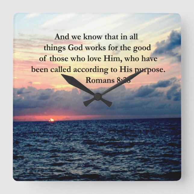 ROMANS 8:28 FAITH SQUARE WALL CLOCK (Front)