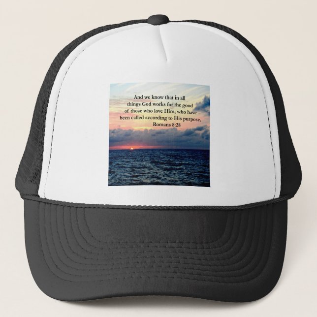 ROMANS 8:28 FAITH TRUCKER HAT (Front)