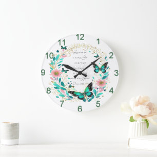 Romans 8:28 Flowers and butterflies  Large Clock