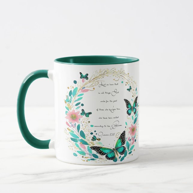 Romans 8:28 Flowers and butterflies  Mug (Left)