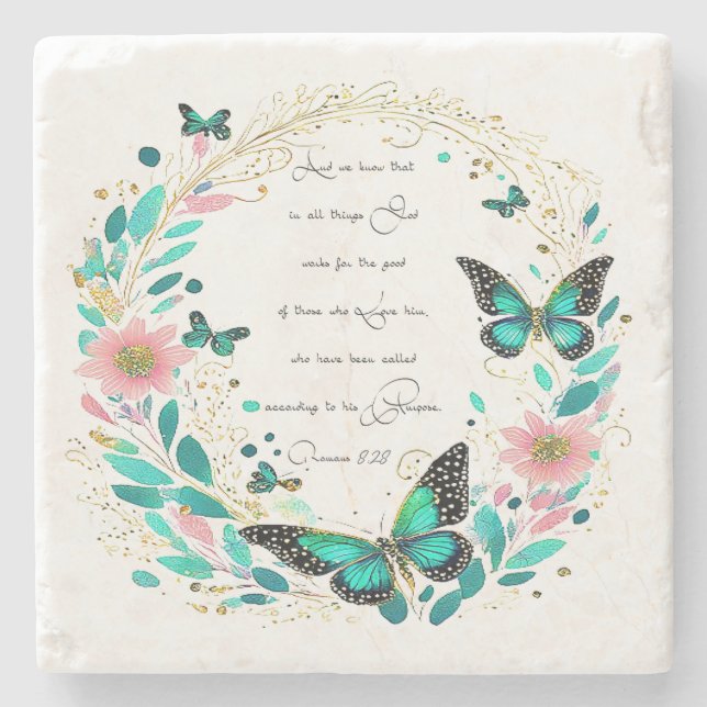 Romans 8:28 Flowers and butterflies  Stone Coaster (Front)