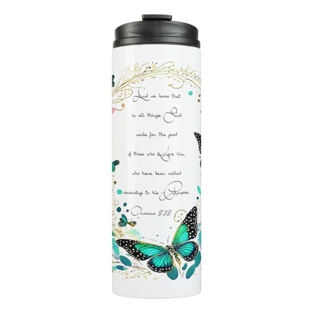 Romans 8:28 Flowers and butterflies  Thermal Tumbler (Front)