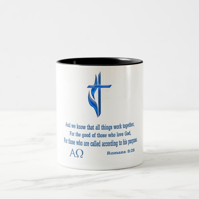 Romans 8:28 gifts Two-Tone coffee mug (Center)