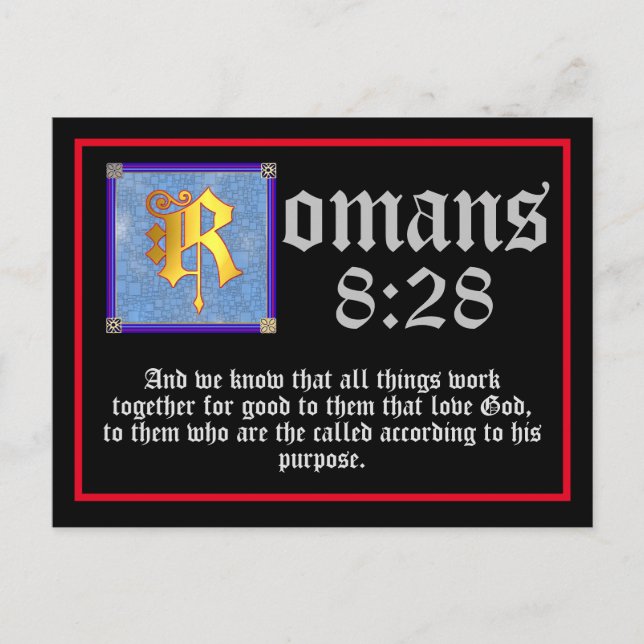 Romans 8 28 Gold Illuminated Letter Bible Quote Postcard (Front)