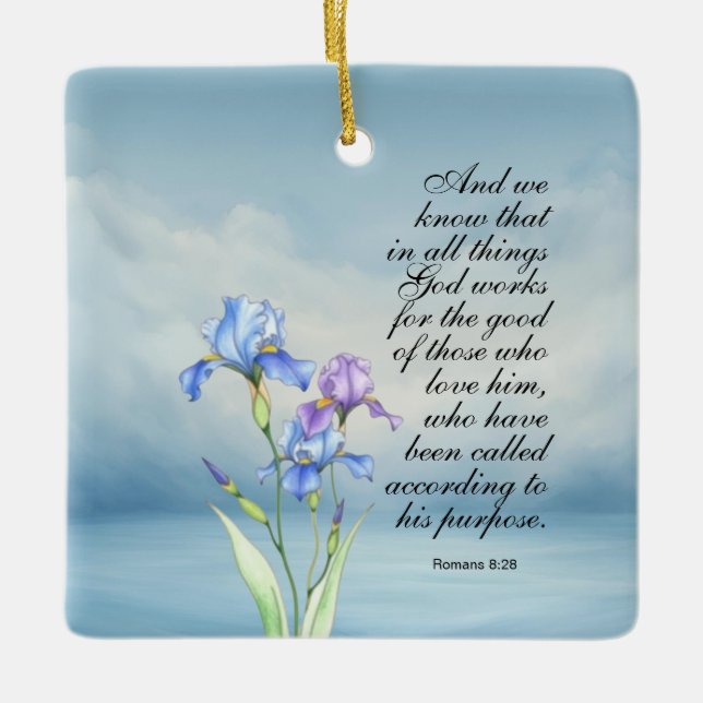 Romans 8:28 Iris Watercolor  Ceramic Ornament (Front)