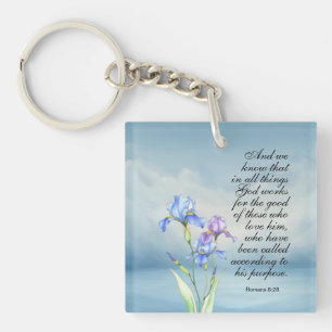 Romans 8:28 Iris Watercolor  Key Ring