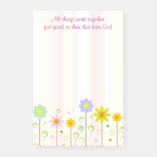 Romans 8:28 Pink Stripe and Flower Christian Quote Post-it Notes (Front)