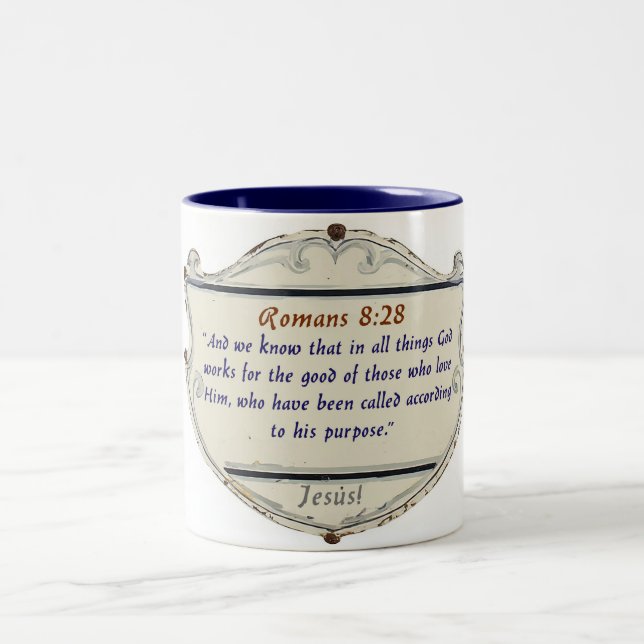 Romans 8:28 Shield Christian Coffee Mug (Center)