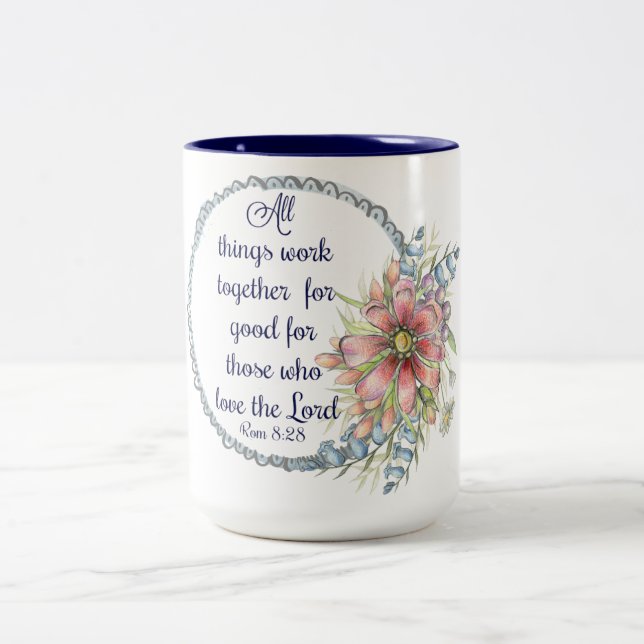 Romans 8:28 Two-Tone coffee mug (Center)