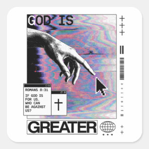 Romans 8:31 Cyberpunk Hand Of God Glitch Art Square Sticker