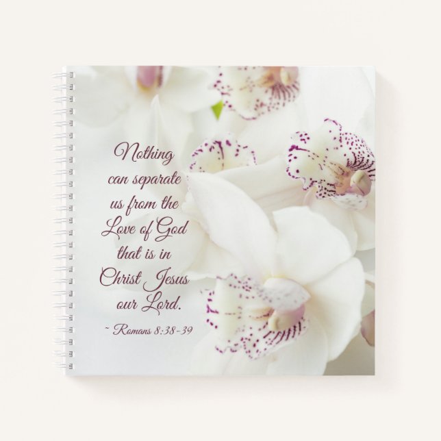 Romans 8:39 Love of God Bible White Orchids Notebook (Front)
