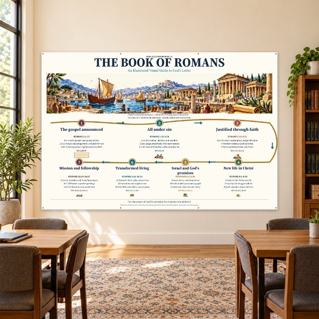 Romans Bible Study Wall Chart 72x48 Banner (Romans 72 x 48 inch - exact digital room mockup; illustrative room scale)