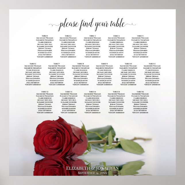 Romantic 16 Table Red Rose Wedding Seating Chart (Front)