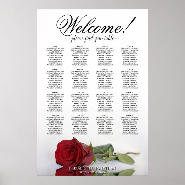 Romantic 16 Table Red Rose Wedding Seating Chart (Front)