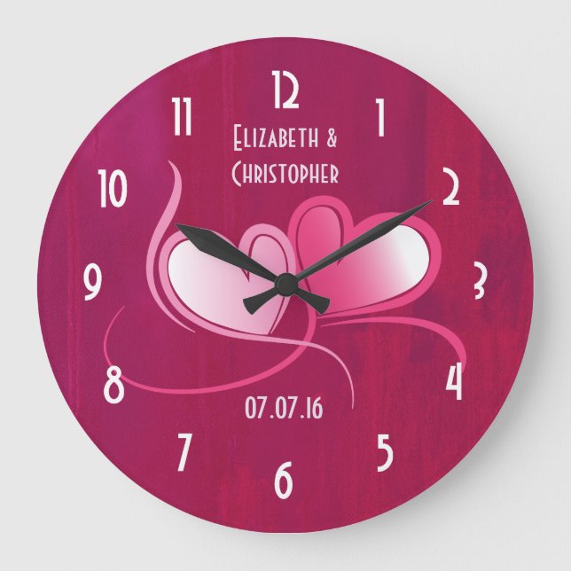 Romantic 2 Hearts Wedding Date Keepsake Large Clock (Front)
