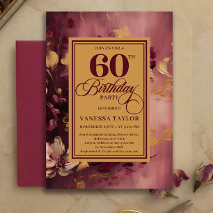 Romantic 60th Birthday Burgundy Floral Gold Invite