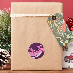 Romantic Abstract Pink Hearts Design On Purple  Classic Round Sticker