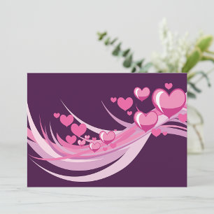 Romantic Abstract Pink Hearts Design On Purple  Invitation