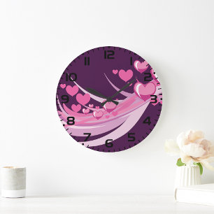 Romantic Abstract Pink Hearts Design On Purple  Large Clock