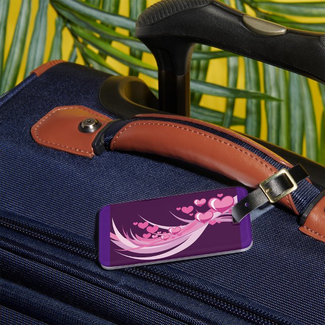 Romantic Abstract Pink Hearts Design On Purple  Luggage Tag (Creator Uploaded)
