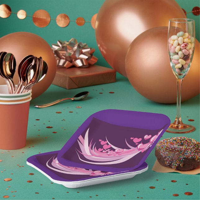 Romantic Abstract Pink Hearts Design On Purple  Paper Plate (Creator Uploaded)