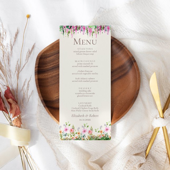 Romantic Acacia and Wildflowers Wedding Menu (Romantic Acacia and Wildflowers Wedding Menu on a boho wedding table.)