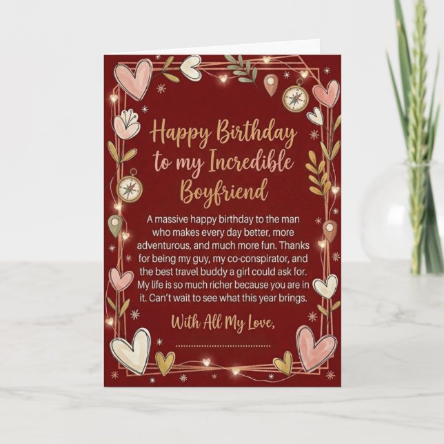 Romantic Adventure Boyfriend Birthday Card Red (Front)