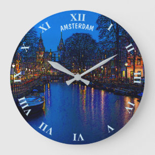 Romantic Amsterdam Canal At Night With Boats Large Clock