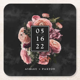 Romantic and Moody Pink Bouquet on Black Square Paper Coaster