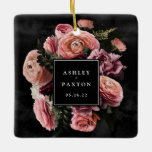 Romantic and Moody Pink Floral Bouquet on Black Ceramic Ornament<br><div class="desc">Romantic and moody, this envelope seal is perfect for a modern elegant wedding. The moody floral design features a natural bouquet of blush pink roses and stunning ranunculus with dark green leaves in a luxurious arrangement on a dark black watercolor background. You can personalise with your first names and weddingdate...</div>