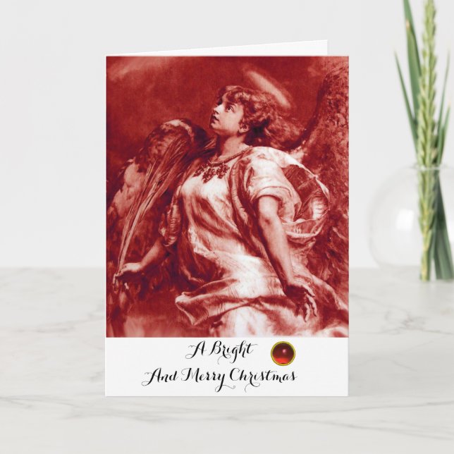 ROMANTIC ANGEL,FEATHER,ANTIQUE RED WHITE Christmas Holiday Card (Front)