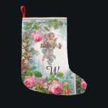 ROMANTIC ANGEL GATHERING PINK ROSES AND FLOWERS SMALL CHRISTMAS STOCKING<br><div class="desc">Elegant monogram design, pink roses with cupid ,  vintage style design for Christmas and Valentine&#39;s Day digital graphics and design by Bulgan Lumini (c)</div>