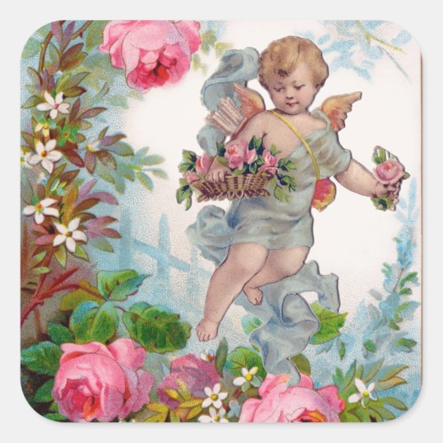 ROMANTIC ANGEL GATHERING PINK ROSES AND FLOWERS SQUARE STICKER (Front)