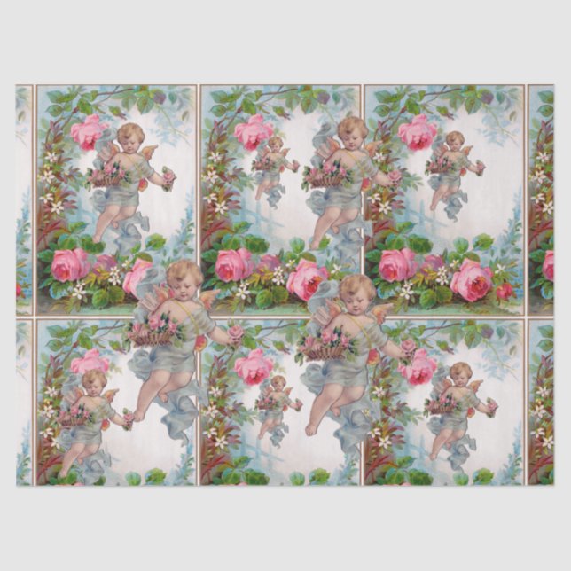ROMANTIC ANGEL GATHERING PINK ROSES AND FLOWERS TISSUE PAPER (Front)