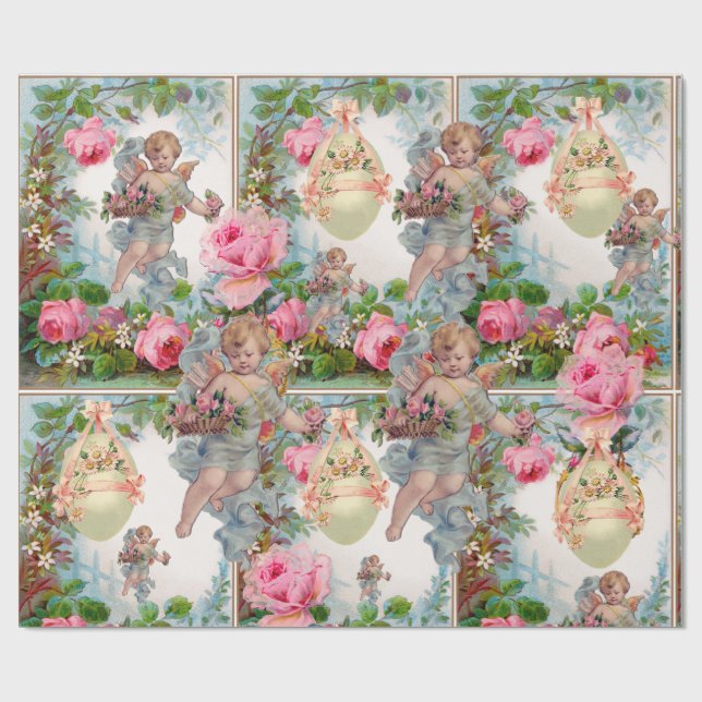 ROMANTIC ANGEL GATHERING PINK ROSES,EASTER EGGS WRAPPING PAPER (Flat)
