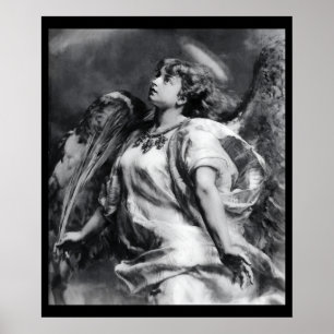 ROMANTIC ANGEL WITH FEATHER IN BLACK AND WHITE POSTER