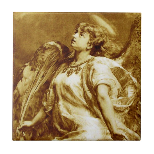 ROMANTIC ANGEL WITH FEATHER IN BROWN SEPIA,WHITE TILE (Front)