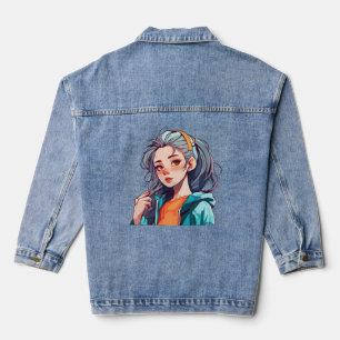Romantic Anime Girl with Colourful Light Hair Denim Jacket