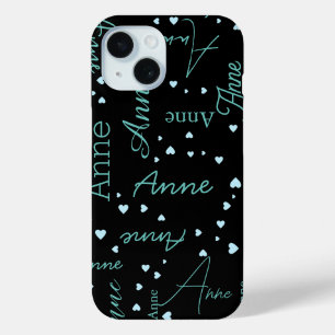 Romantic Anne (custom name) delicate blue hearts iPhone 15 Case