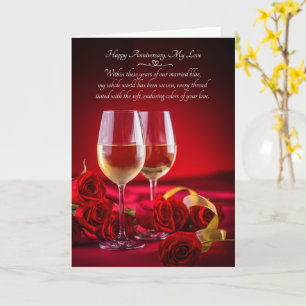 Romantic Anniversary Glasses of Wine and Red Roses Card