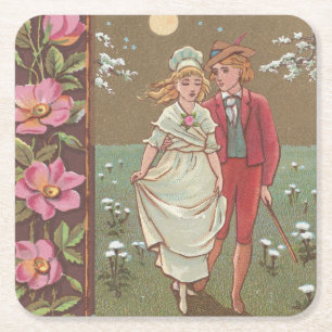 Romantic Antique Saint Valentine's Day Card, 1876 Square Paper Coaster