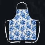 Romantic Antique Vintage Roses-Blue on White Apron<br><div class="desc">Elegant and classic antique vintage Delft blue roses on white background. Strap colour is customisable.</div>