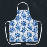 Romantic Antique Vintage Roses-Blue on White Apron<br><div class="desc">Elegant and classic antique vintage Delft blue roses on white background. Strap colour is customisable.</div>