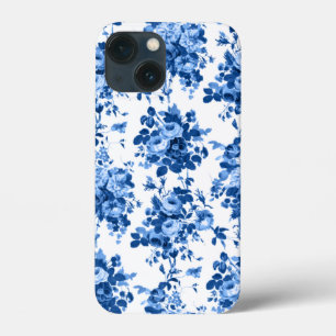 Romantic Antique Vintage Roses-Blue on White iPhone 13 Mini Case